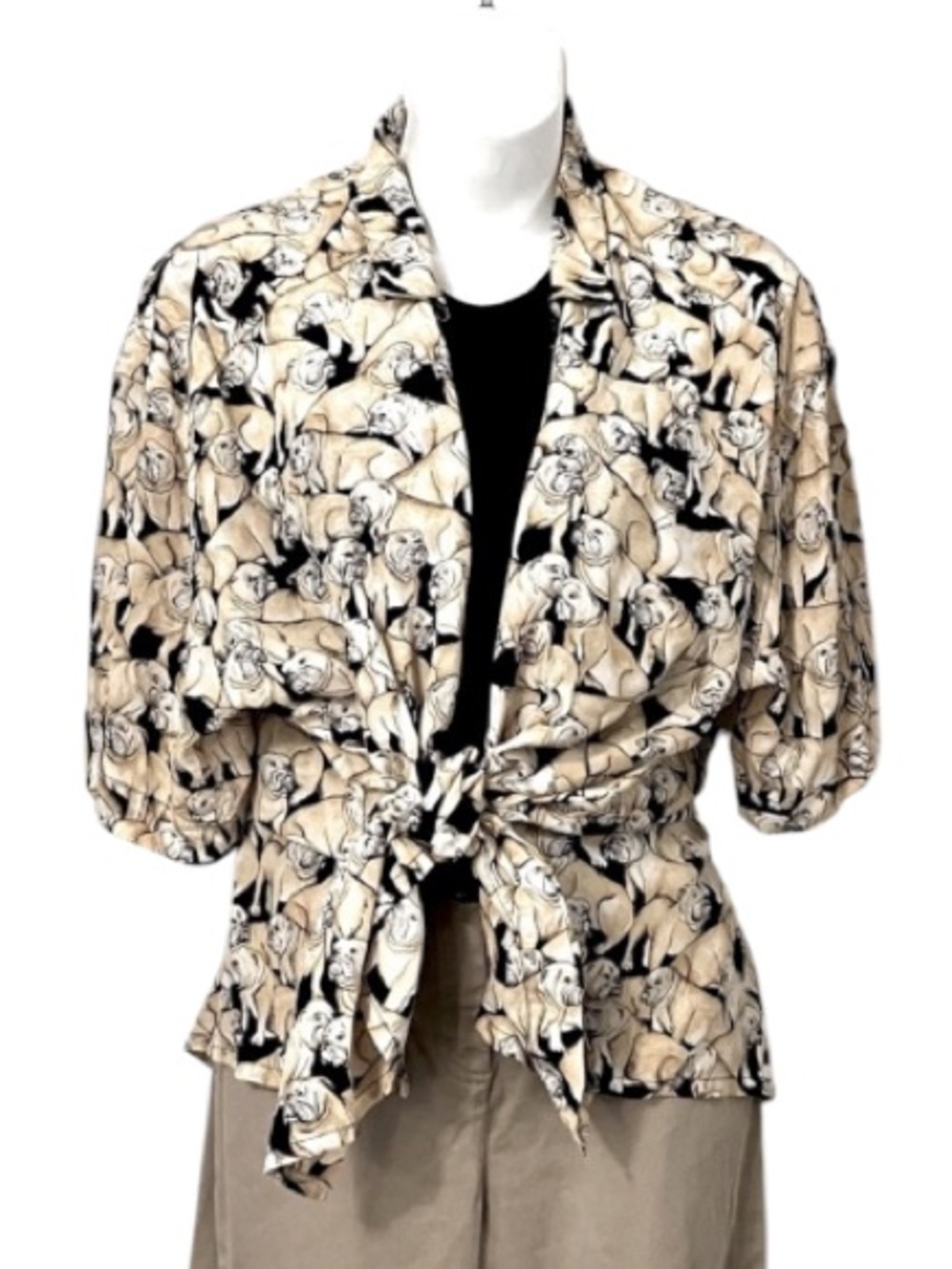 Renate Schumer Bull Dog Button Down Short Sleeve Shirt Raw Silk Yellow Black L